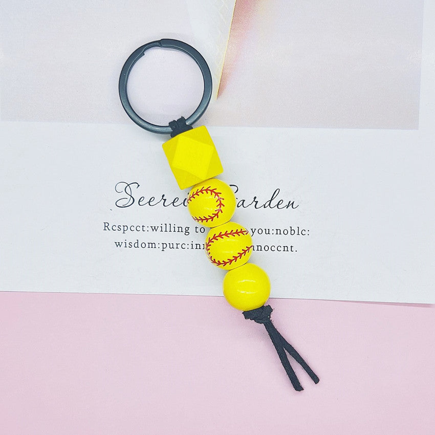 Wholesale Football Basketball Tennis Wooden Bead Printing Keychain
